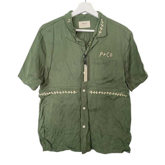P&Co Green Embroidered Short Sleeve Take is Easy Bowling Boxy Collared Shirt XS - Picture 2 of 10